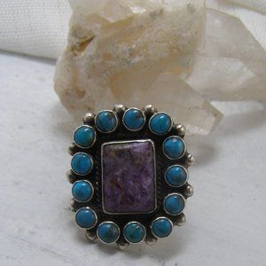 Sterling Silver Purple Charoite Turquoise Cluster Ring Navajo Native American 8
